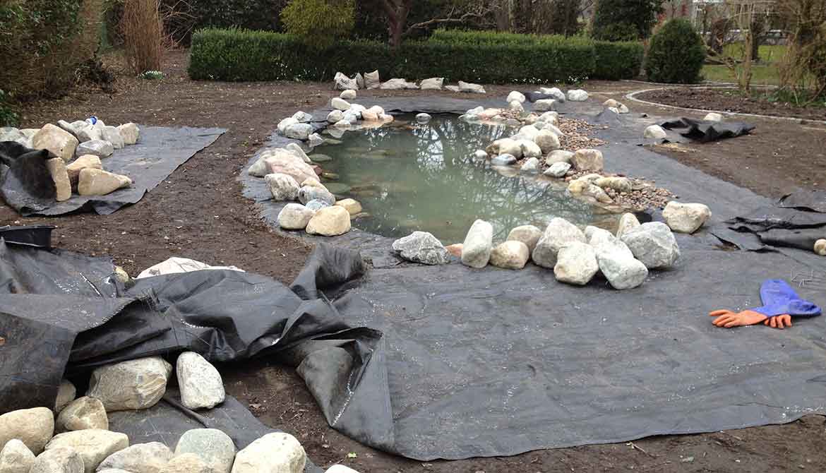 Building a large natural pond with butyl liner and rocks